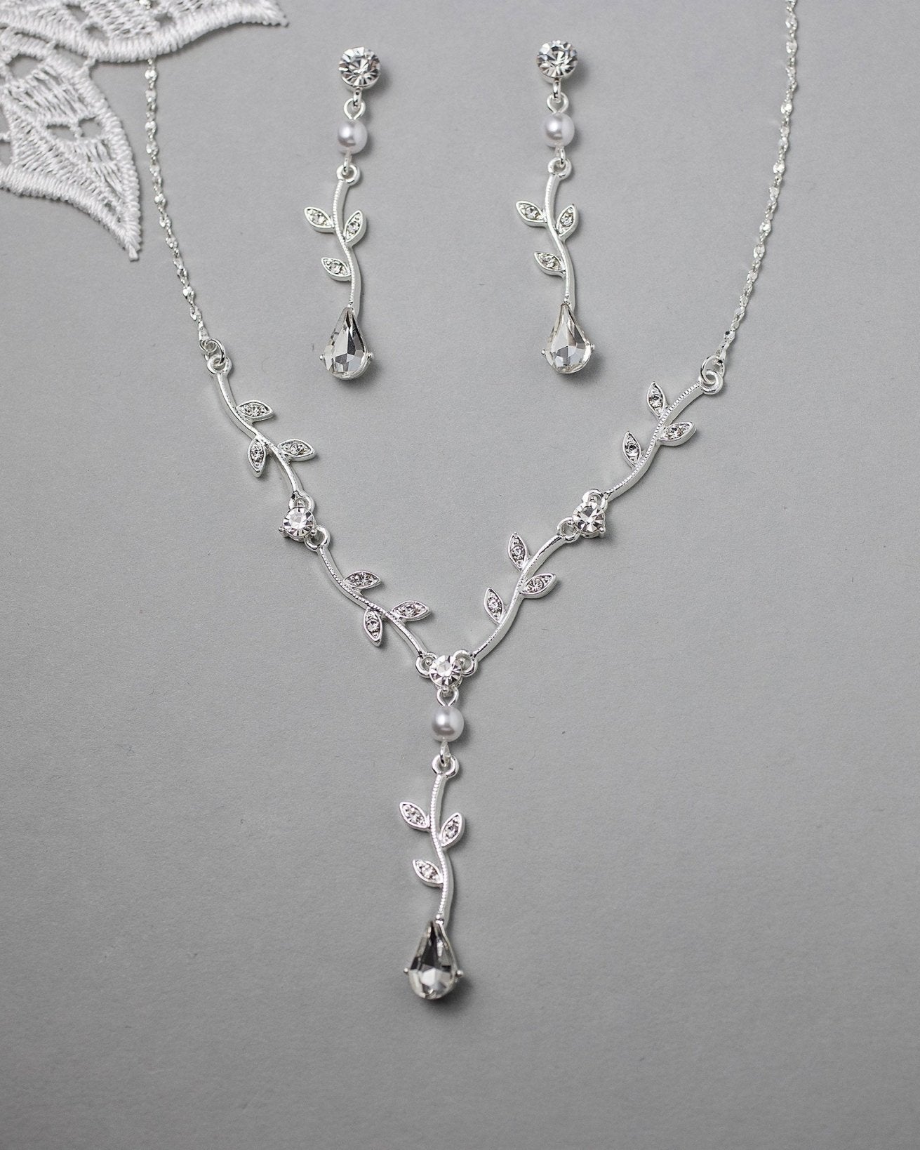 Simple Crystal Vine Necklace, Earrings, and Bracelet with Pearls - Necklace Set - Cassandra Lynne
