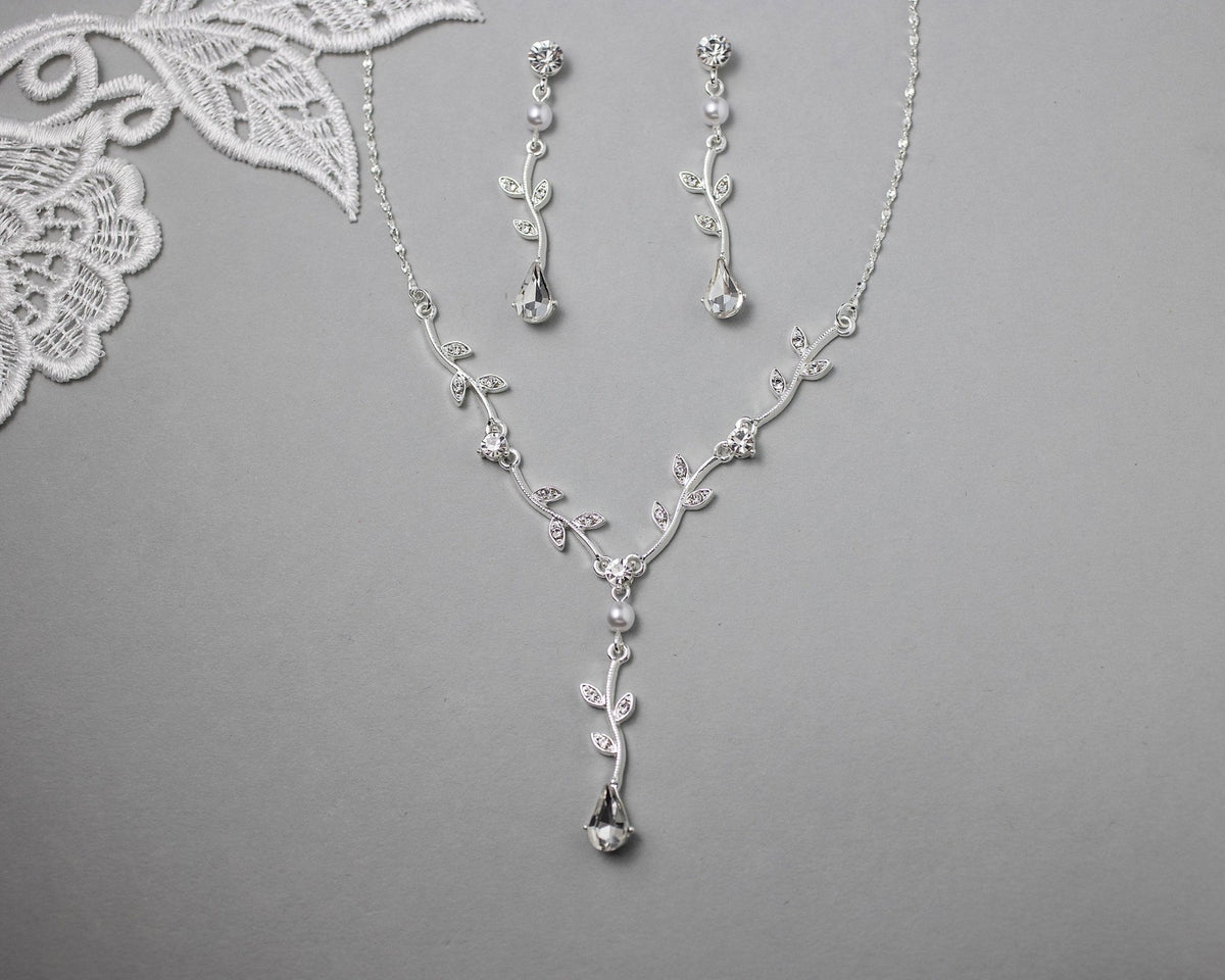 Simple Crystal Vine Necklace, Earrings, and Bracelet with Pearls - Necklace Set - Cassandra Lynne