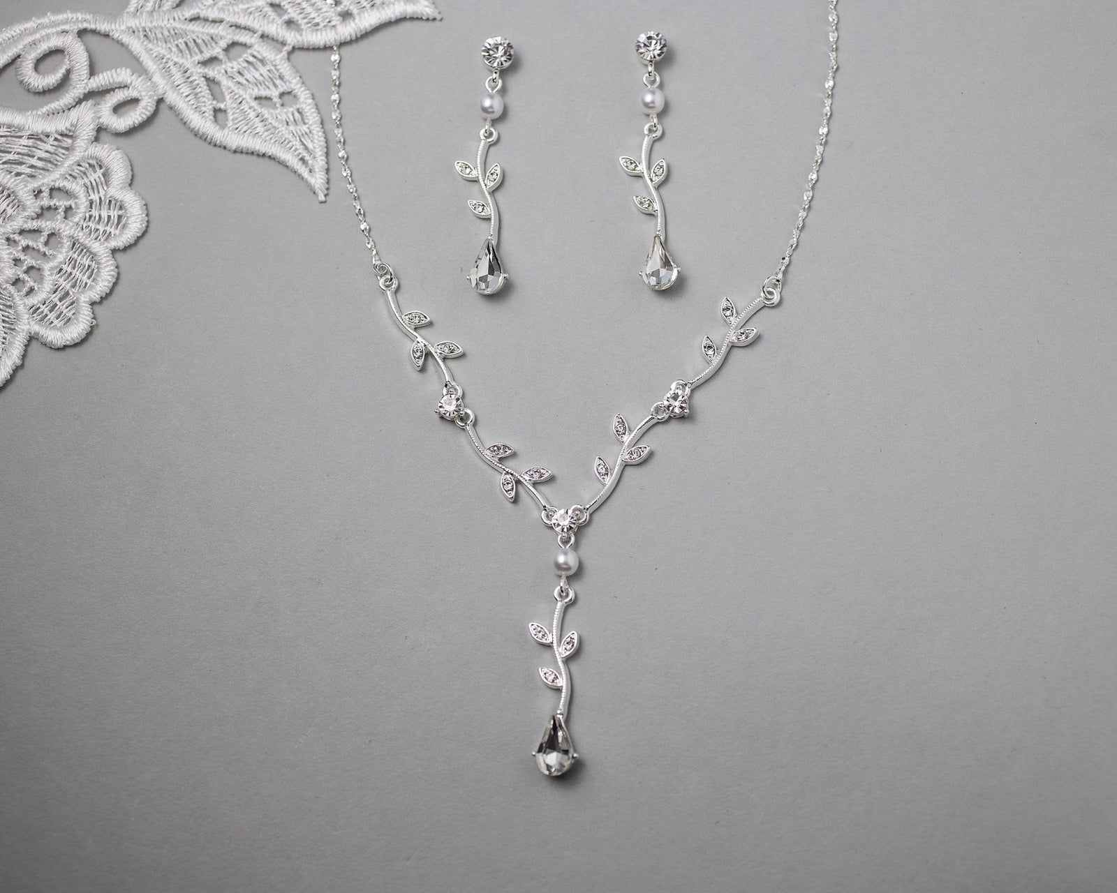 Simple Crystal Vine Necklace, Earrings, and Bracelet with Pearls - Necklace Set - Cassandra Lynne