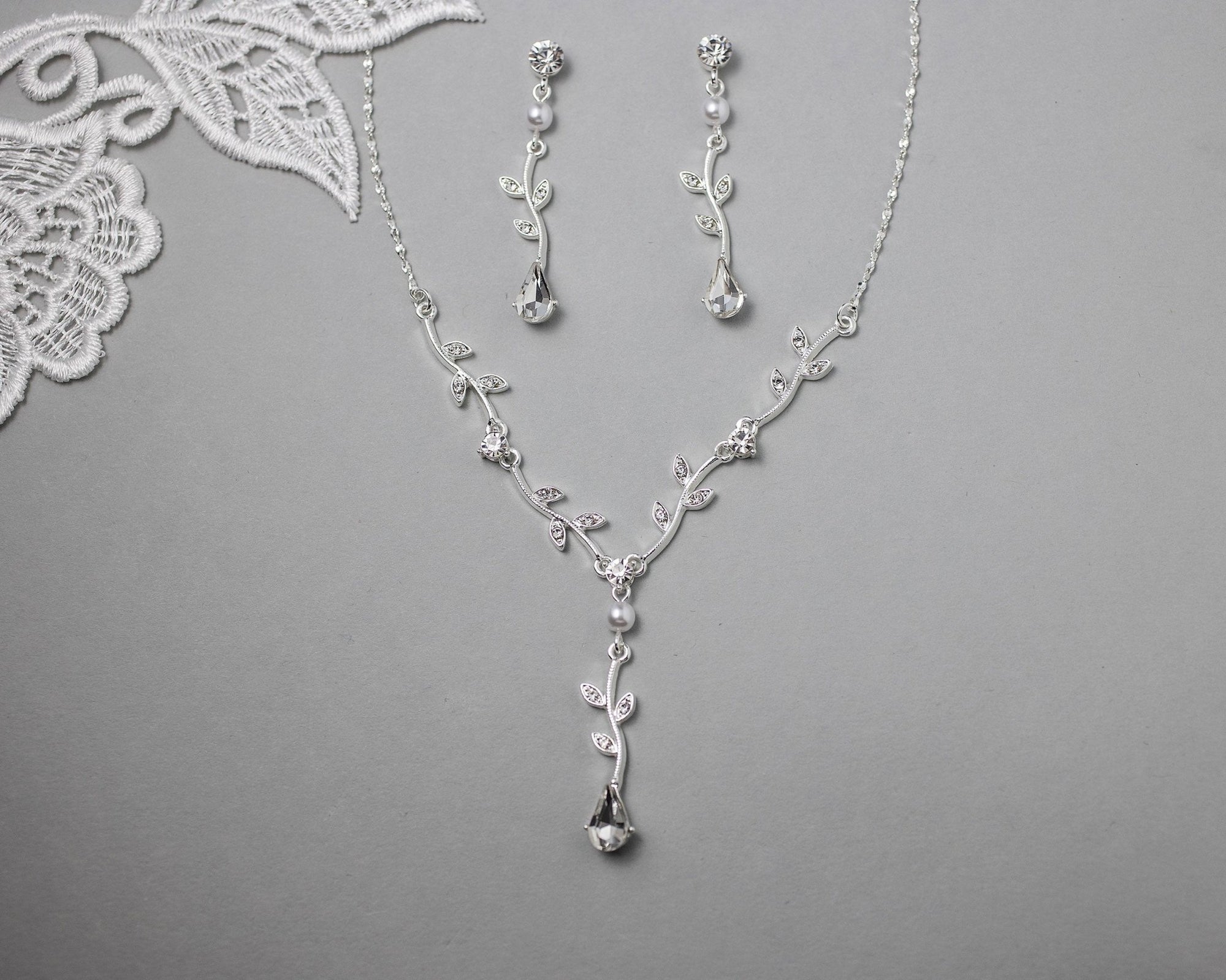 Simple Crystal Vine Necklace, Earrings, and Bracelet with Pearls - Necklace Set - Cassandra Lynne