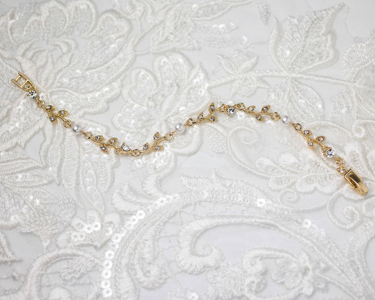 Simple Crystal Vine Necklace, Earrings, and Bracelet with Pearls - Necklace Set - Cassandra Lynne