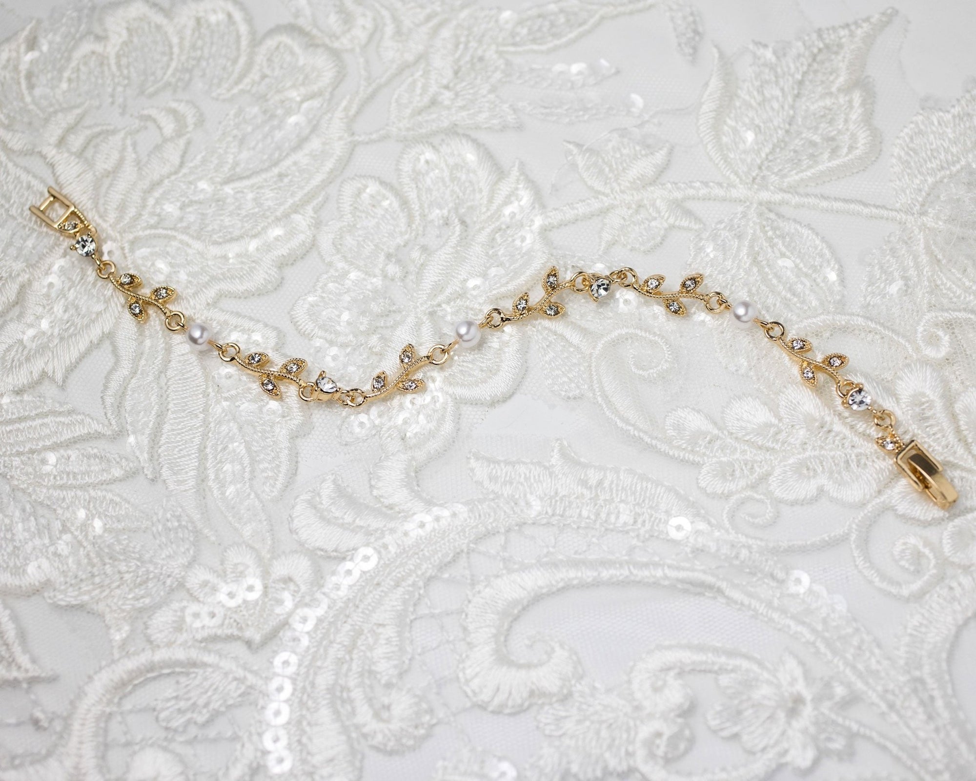 Simple Crystal Vine Necklace, Earrings, and Bracelet with Pearls - Necklace Set - Cassandra Lynne