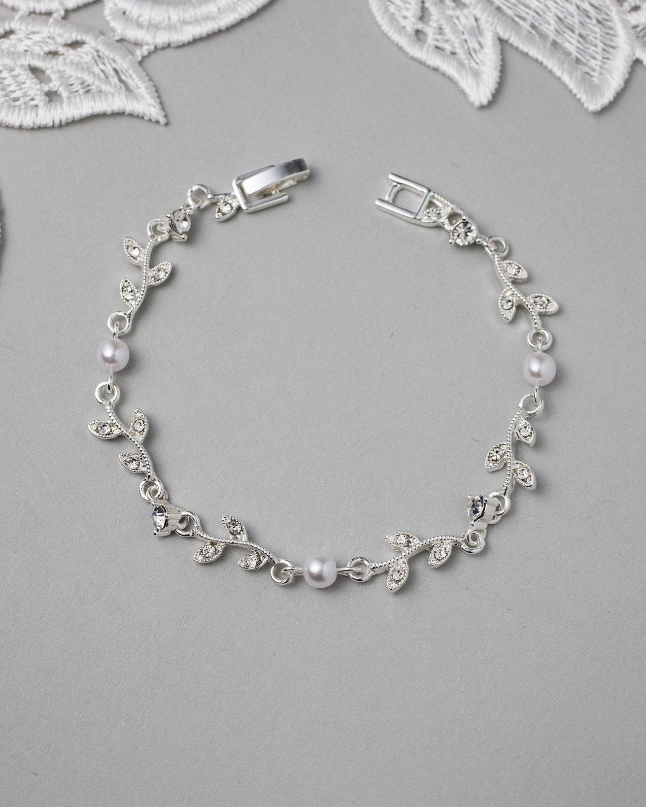 Simple Crystal Vine Necklace, Earrings, and Bracelet with Pearls - Necklace Set - Cassandra Lynne