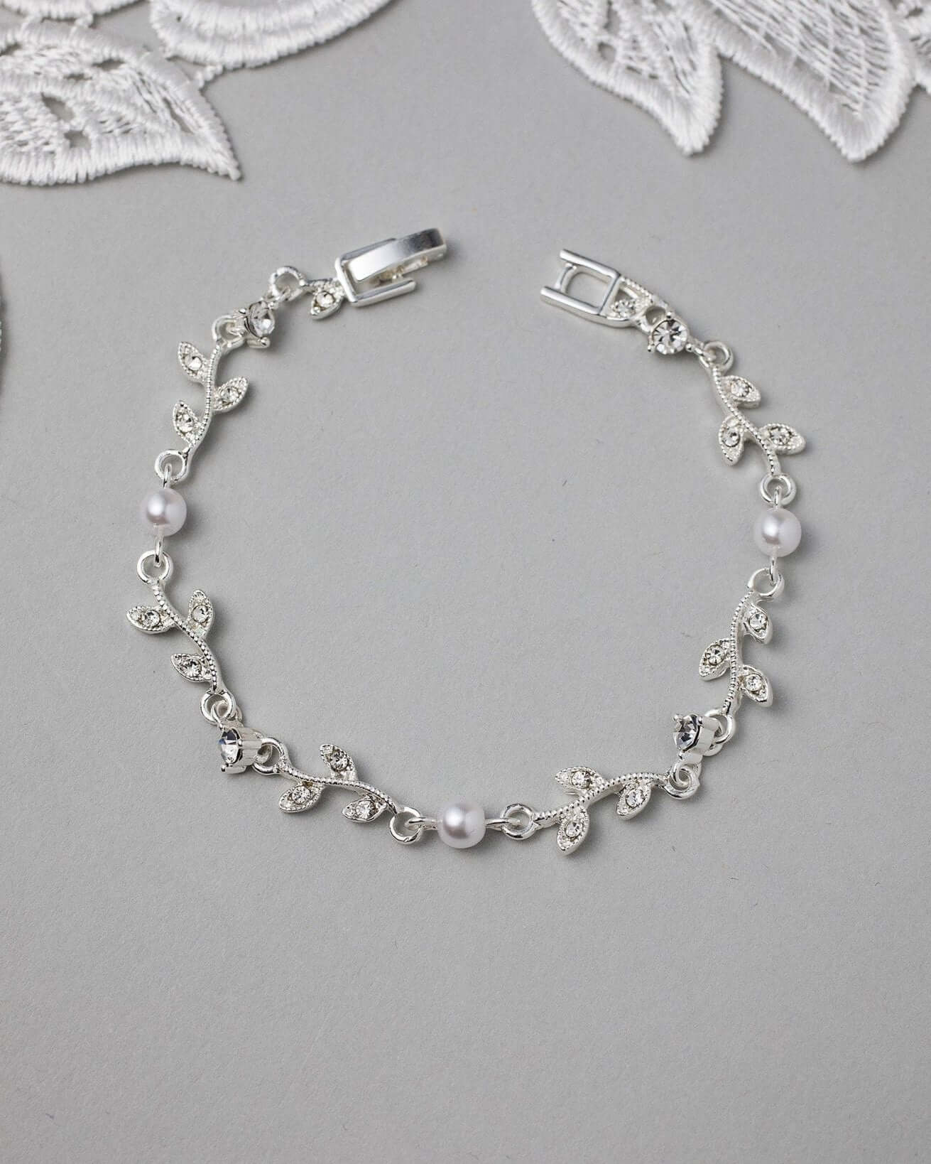 Simple Crystal Vine Necklace, Earrings, and Bracelet with Pearls - Necklace Set - Cassandra Lynne