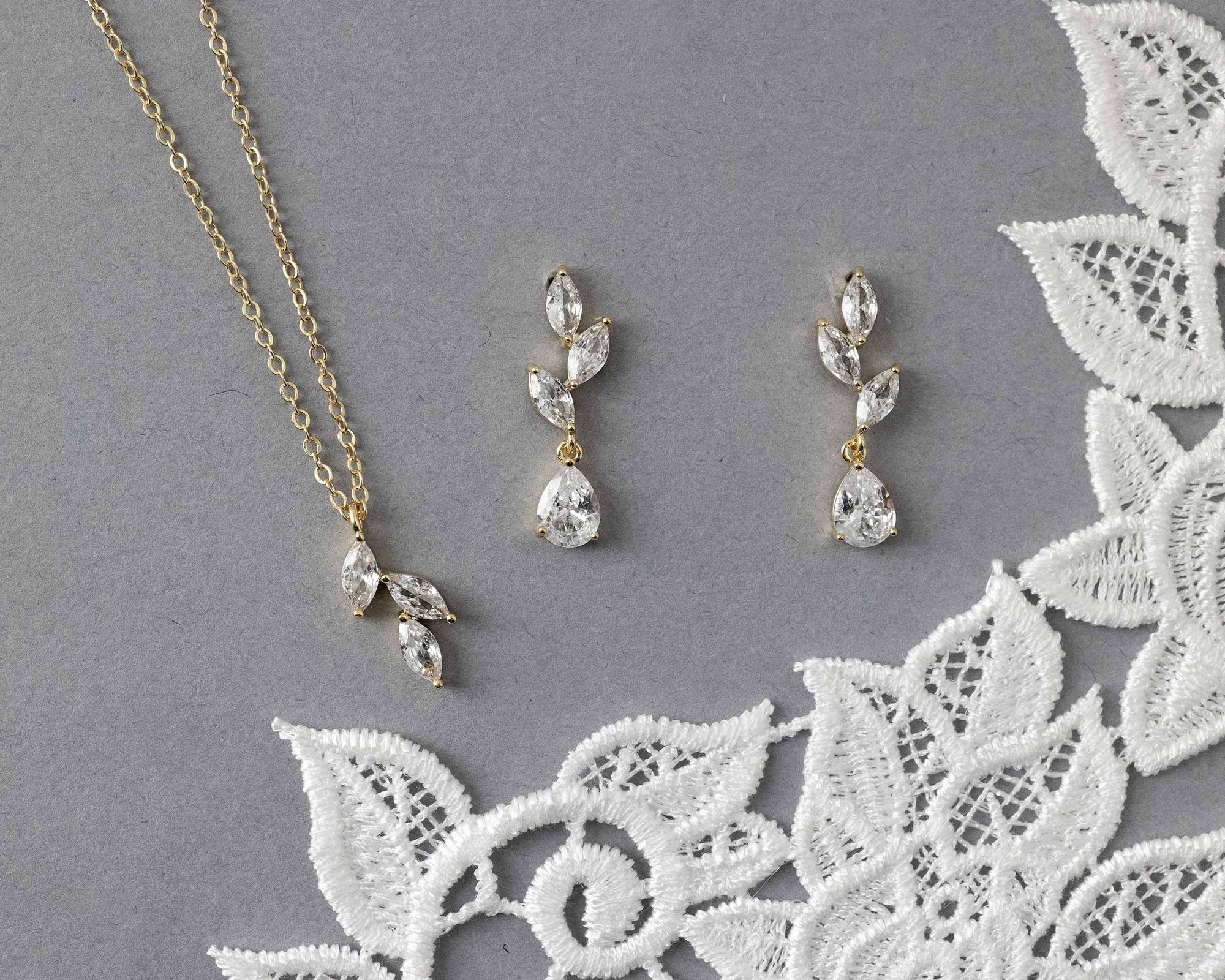 Leaf Pear Drop CZ Pendant & Earrings