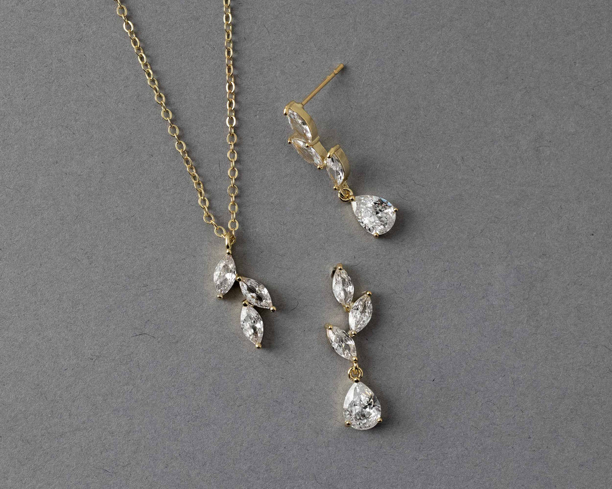 Leaf Pear Drop CZ Pendant &amp; Earrings