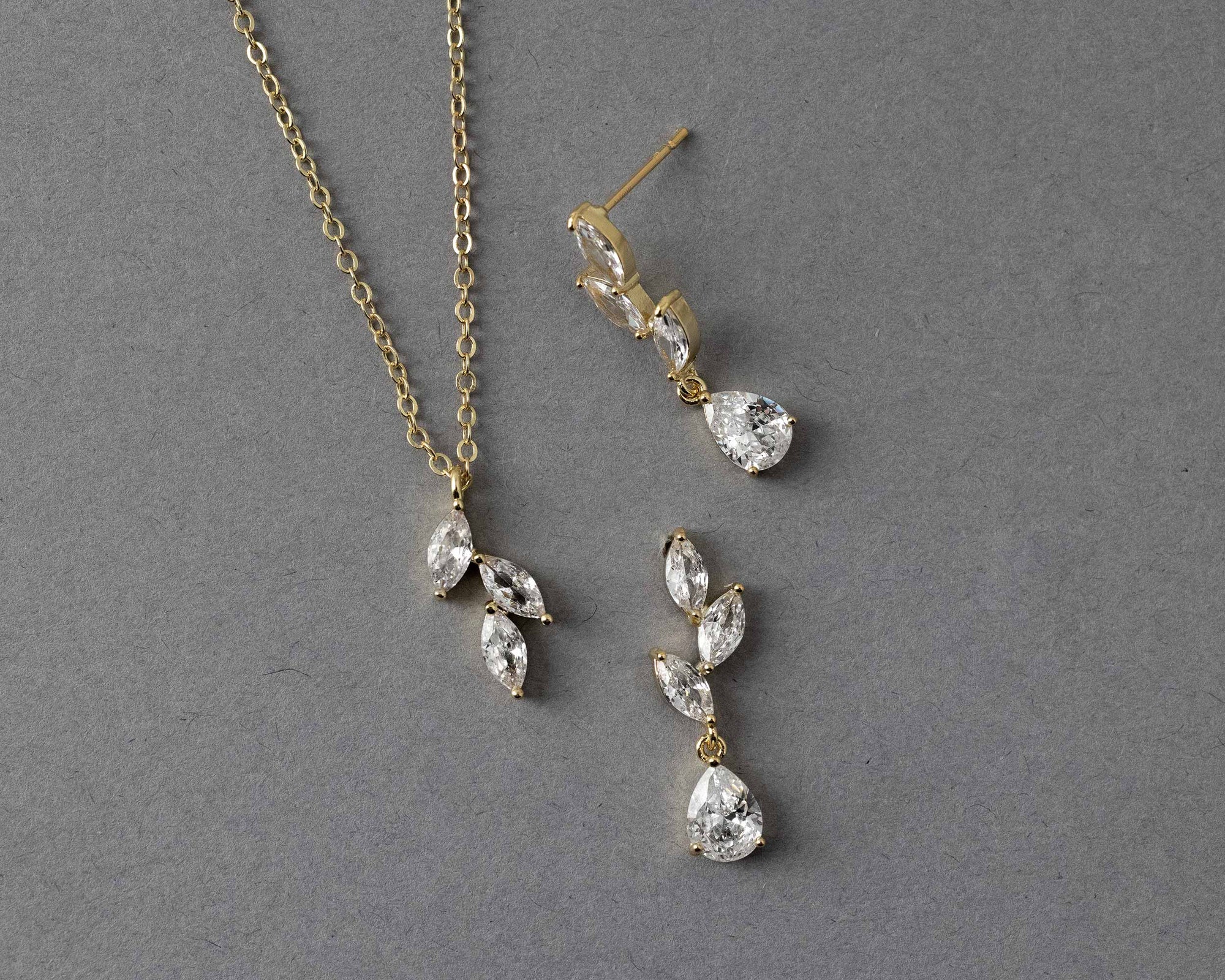 Leaf Pear Drop CZ Pendant & Earrings