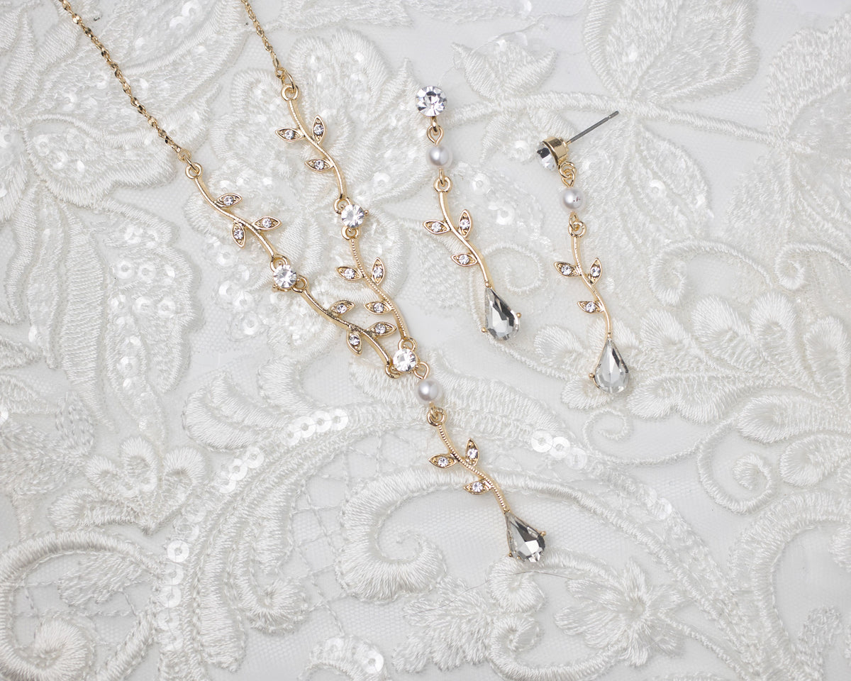 Simple Crystal Vine Necklace, Earrings, and Bracelet with Pearls