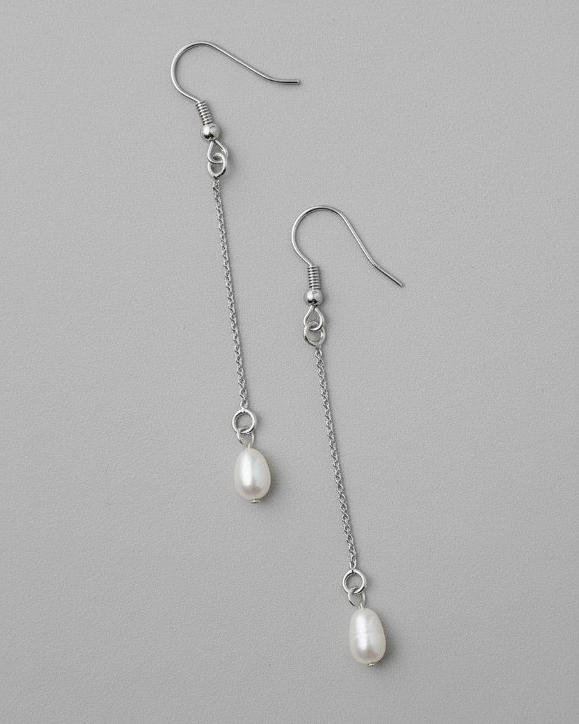 Silver earrings with pearl drops minimalist style bride 