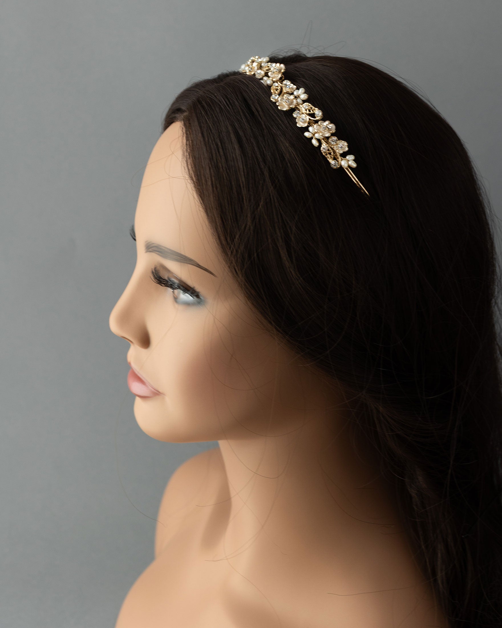 Bridal Tiara of Matte Gold Flowers and Pearls - Tiara - Cassandra Lynne