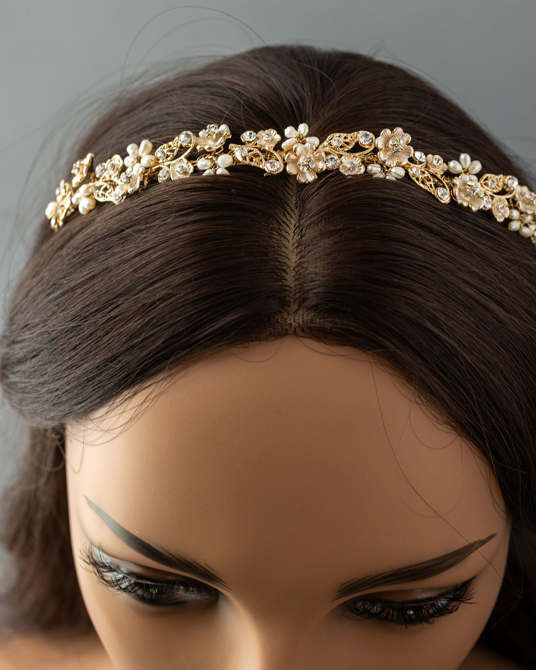 Bridal Tiara of Matte Gold Flowers and Pearls - Tiara - Cassandra Lynne