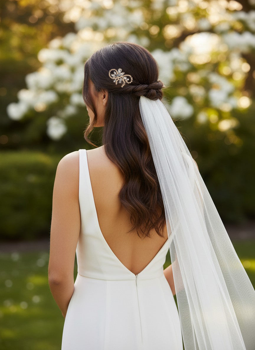 Pearl Swirl Rhinestone Wedding Hair Comb A woman seen from behind wearing a white wedding dress with an open back and a long sheer veil, with a decorative hair accessory in her hair, set against a soft-focus outdoor garden background.