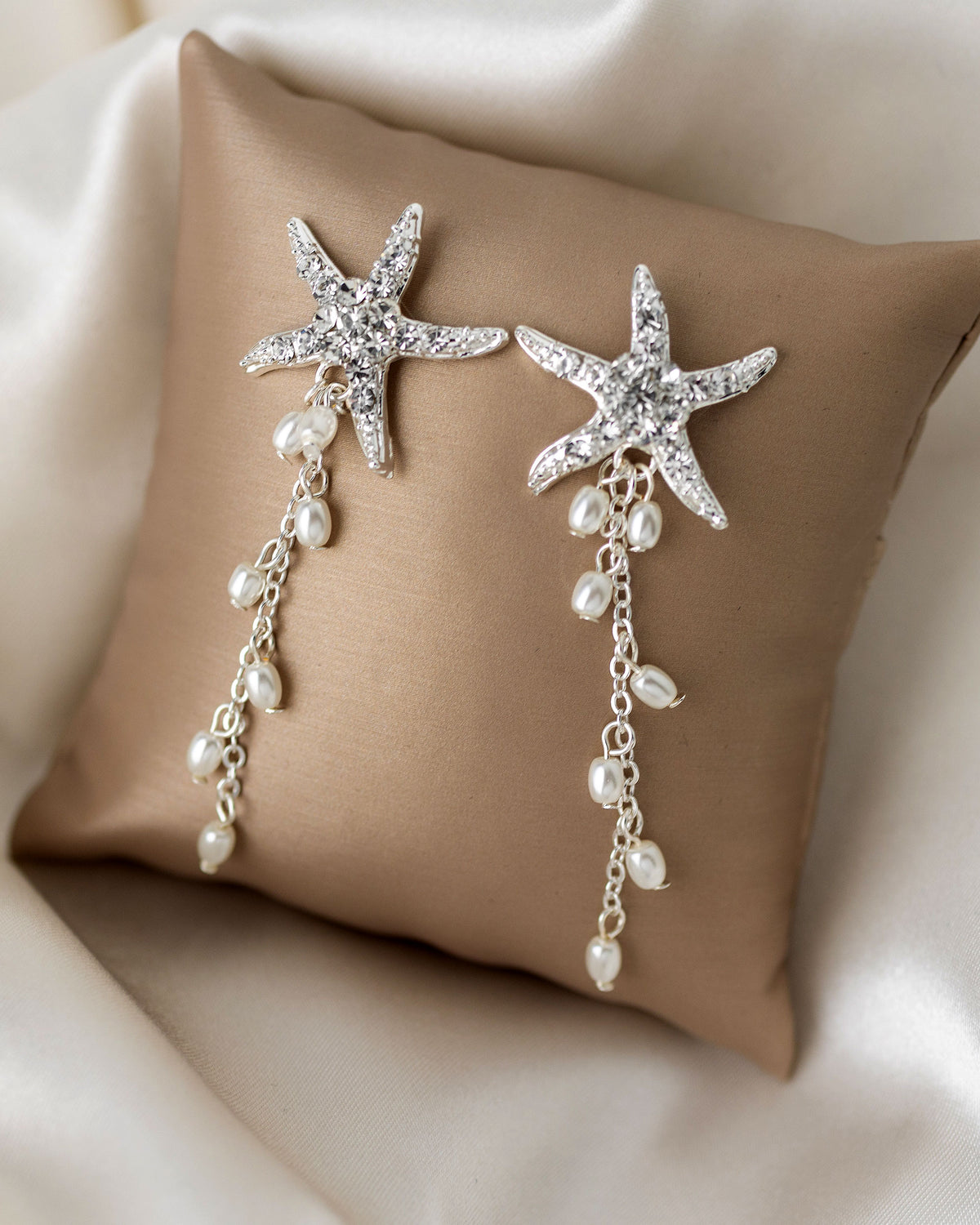 Crystal Starfish Pearl Dangle Earrings Silver - Cassandra Lynne