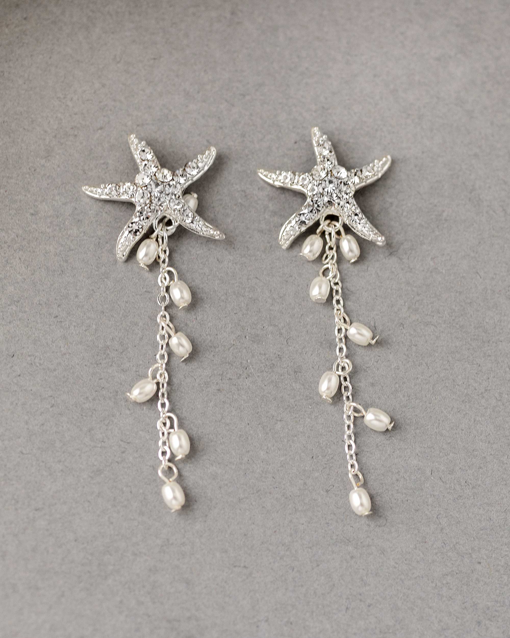 Crystal Starfish Pearl Dangle Earrings Silver - Cassandra Lynne