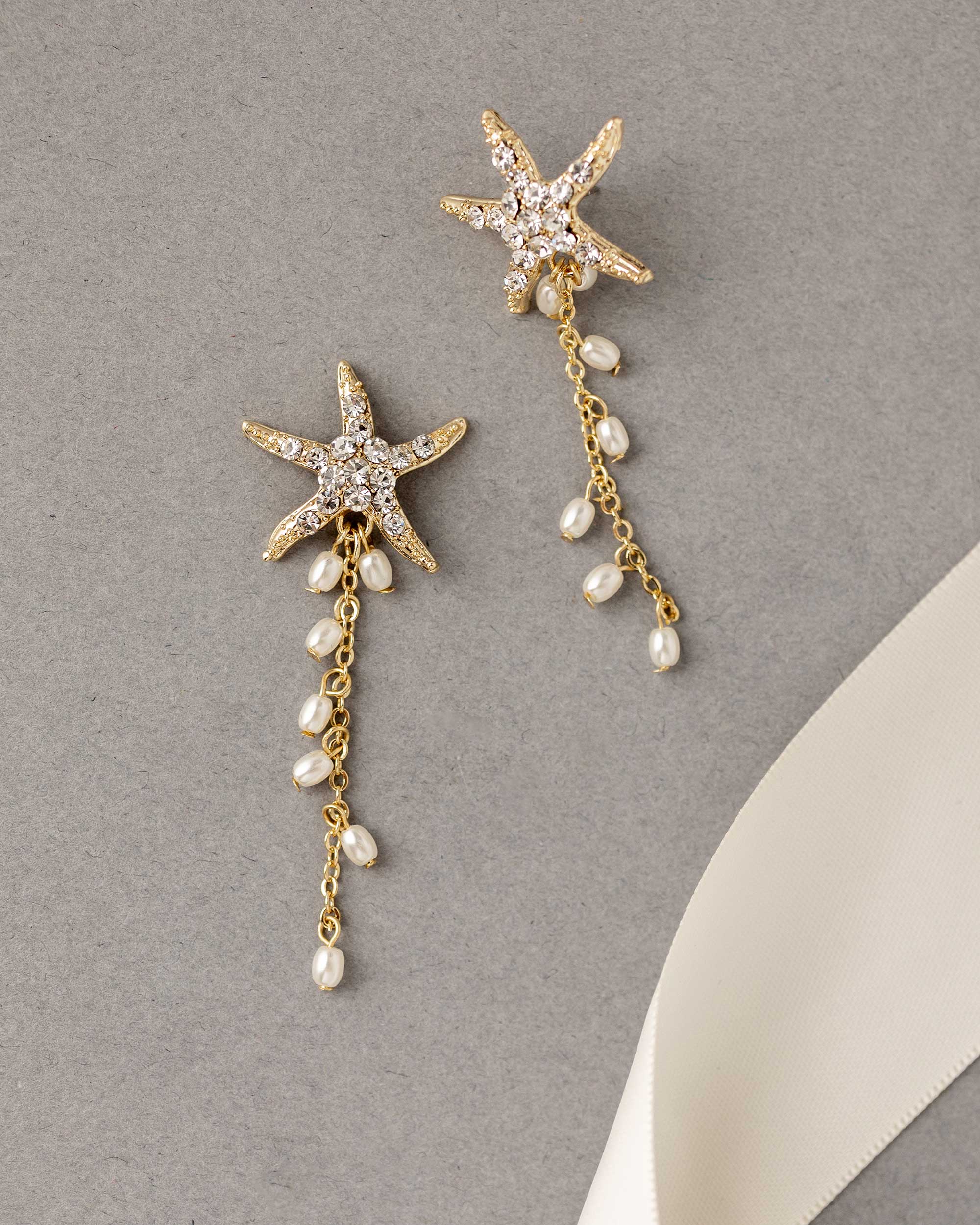 Crystal Starfish Pearl Dangle Earrings Gold - Cassandra Lynne