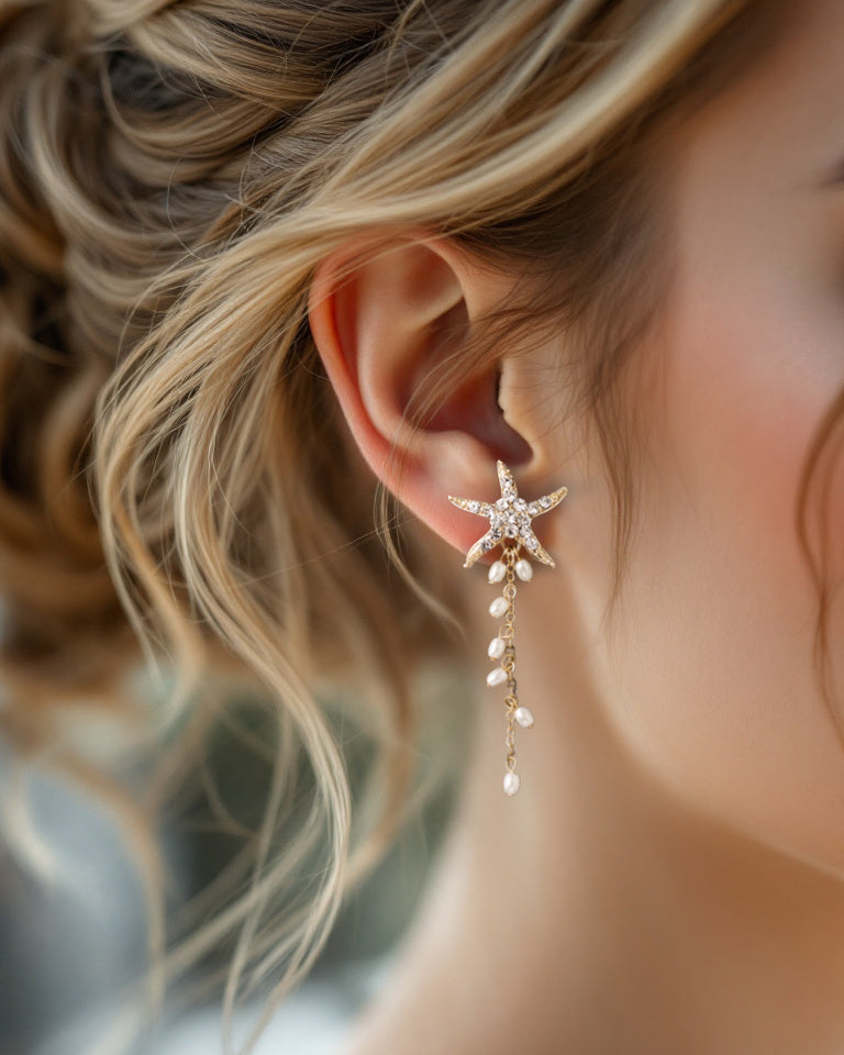 Crystal Starfish Pearl Dangle Earrings Gold - Cassandra Lynne