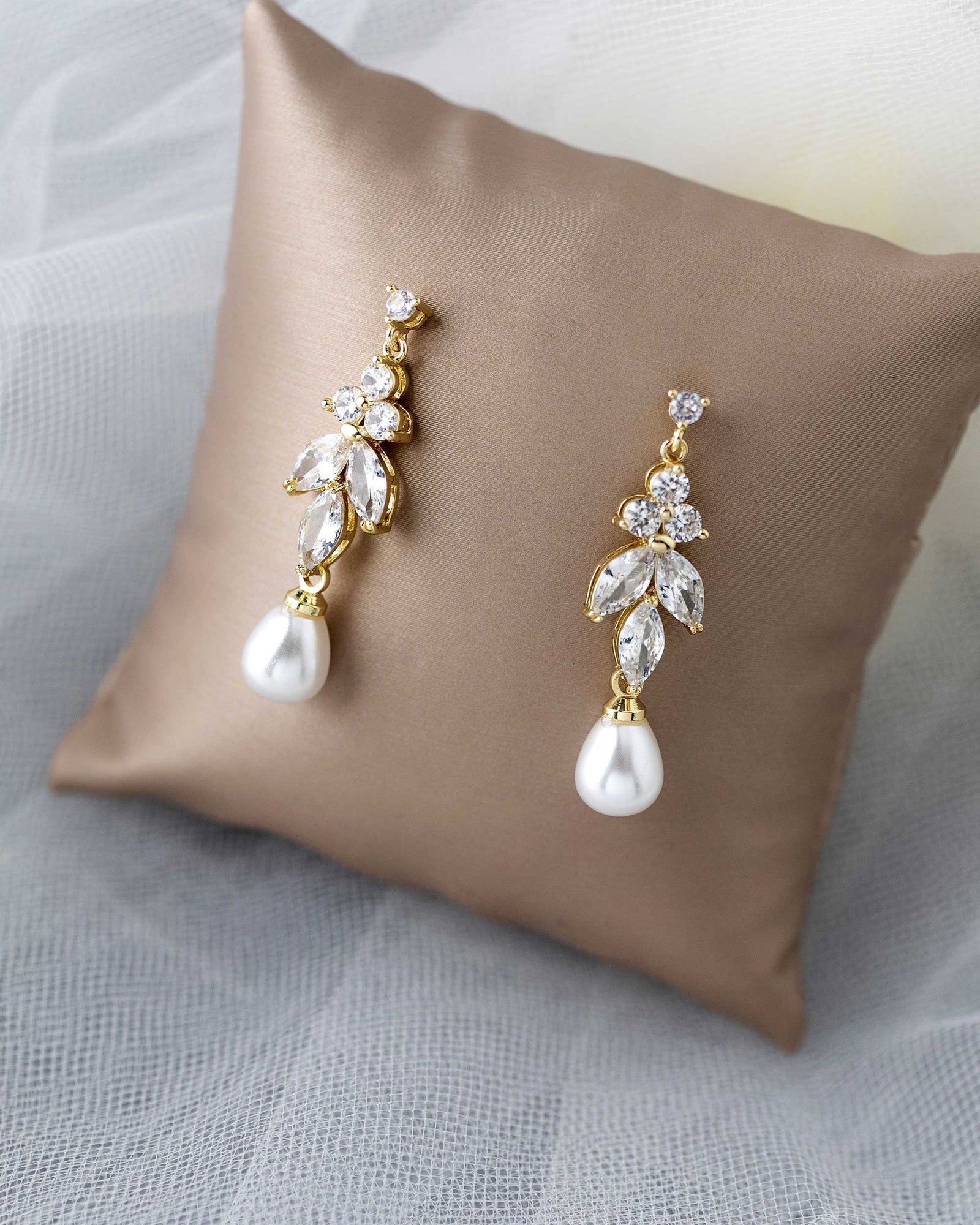 Teardrop Pearl CZ Earrings Gold -Cassandra Lynne