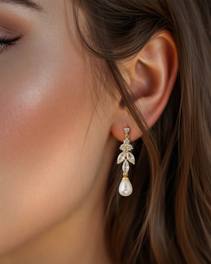 Teardrop Pearl CZ Earrings Gold Wedding -Cassandra Lynne