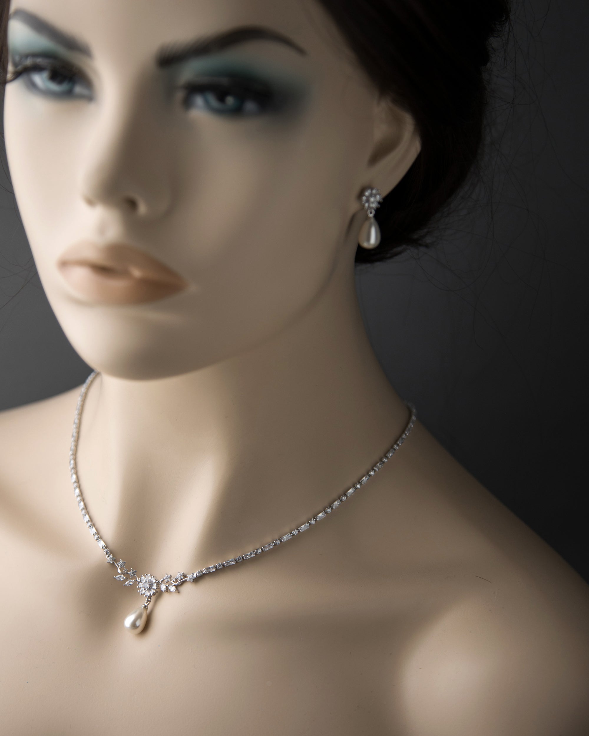 Baguette CZ Necklace Set with Ivory Teardrop Pearls
