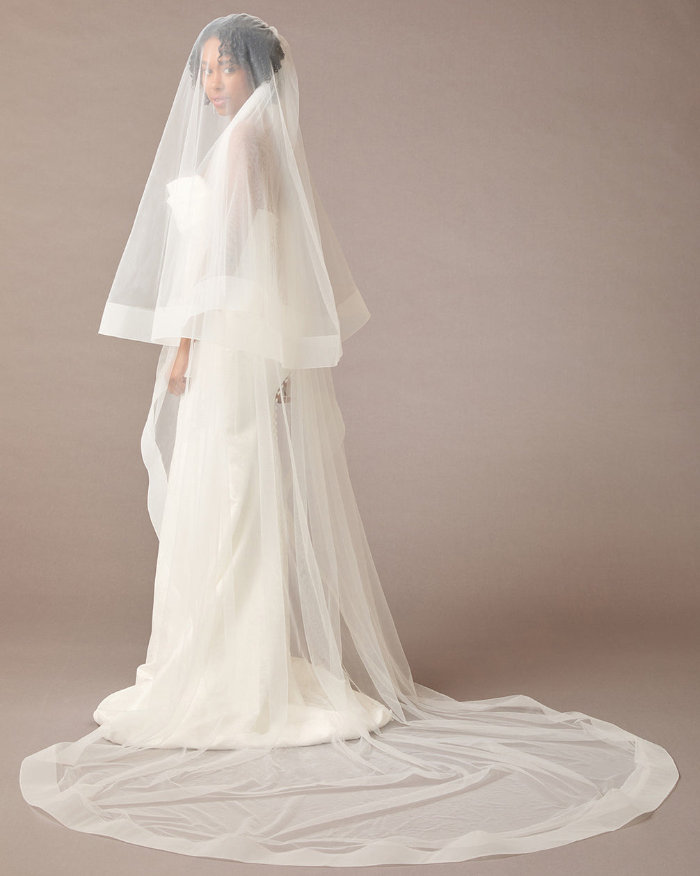 Royal Cathedral Horsehair Trim Two Layer Veil 3 inch ribbon wedding dress with a long veil on a brown background