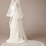 Royal Cathedral Horsehair Trim Two Layer Veil 3 inch ribbon wedding dress with a long veil on a brown background
