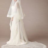 Royal Cathedral Horsehair Trim Two Layer Veil 3 inch ribbon wedding dress with a long veil on a brown background