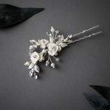Three Porcelain Flowers Wedding Hair Pin - Hair Pins - Cassandra Lynne