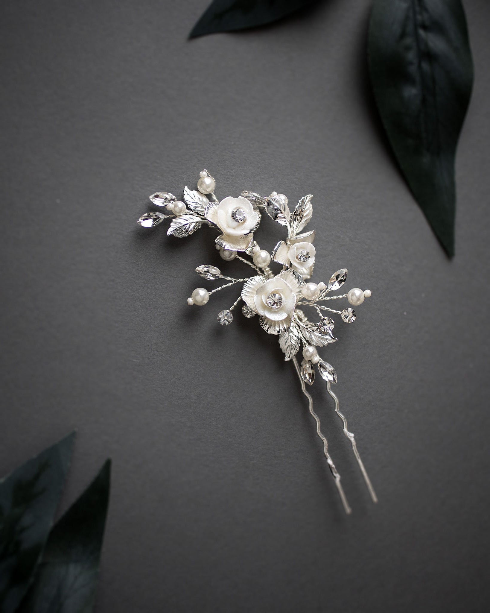 Three Porcelain Flowers Wedding Hair Pin - Hair Pins - Cassandra Lynne