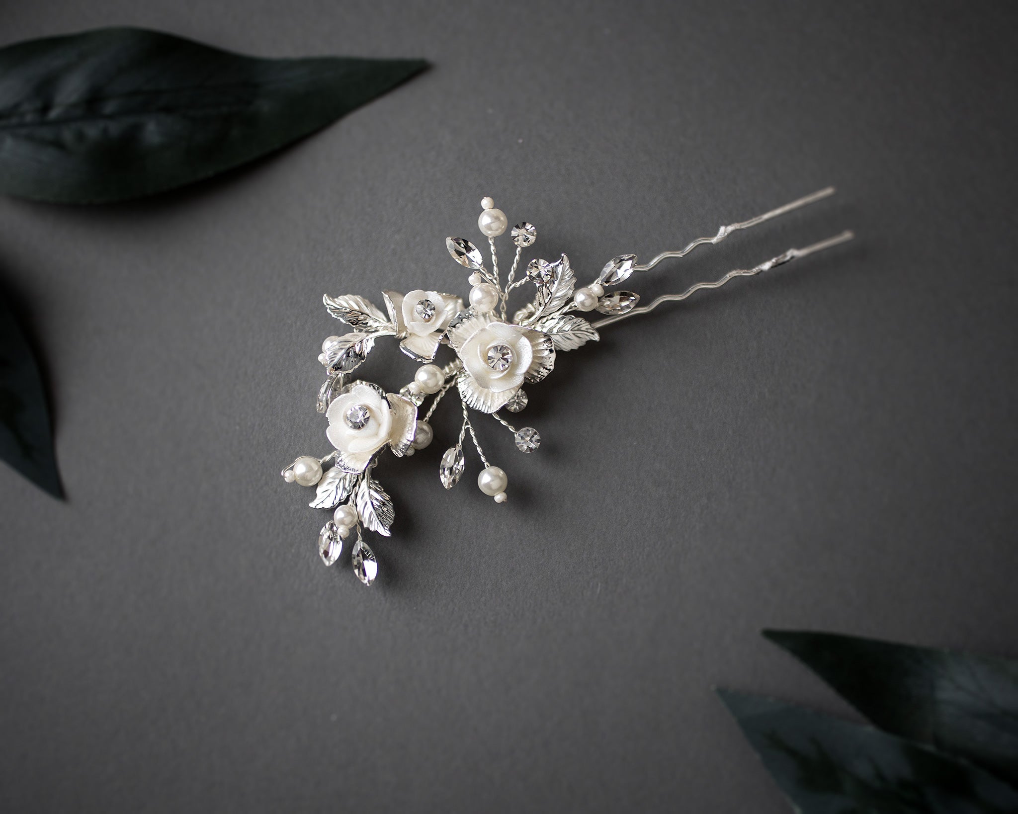 Three Porcelain Flowers Wedding Hair Pin - Hair Pins - Cassandra Lynne