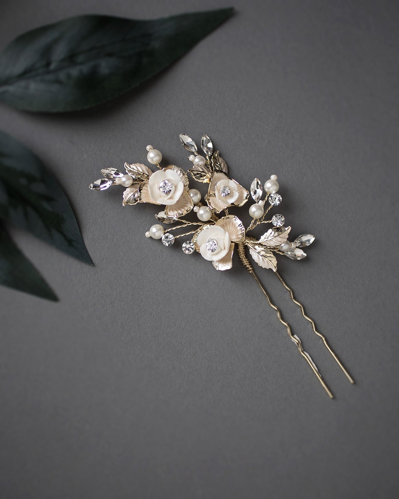 Three Porcelain Flowers Wedding Hair Pin - Hair Pins - Cassandra Lynne