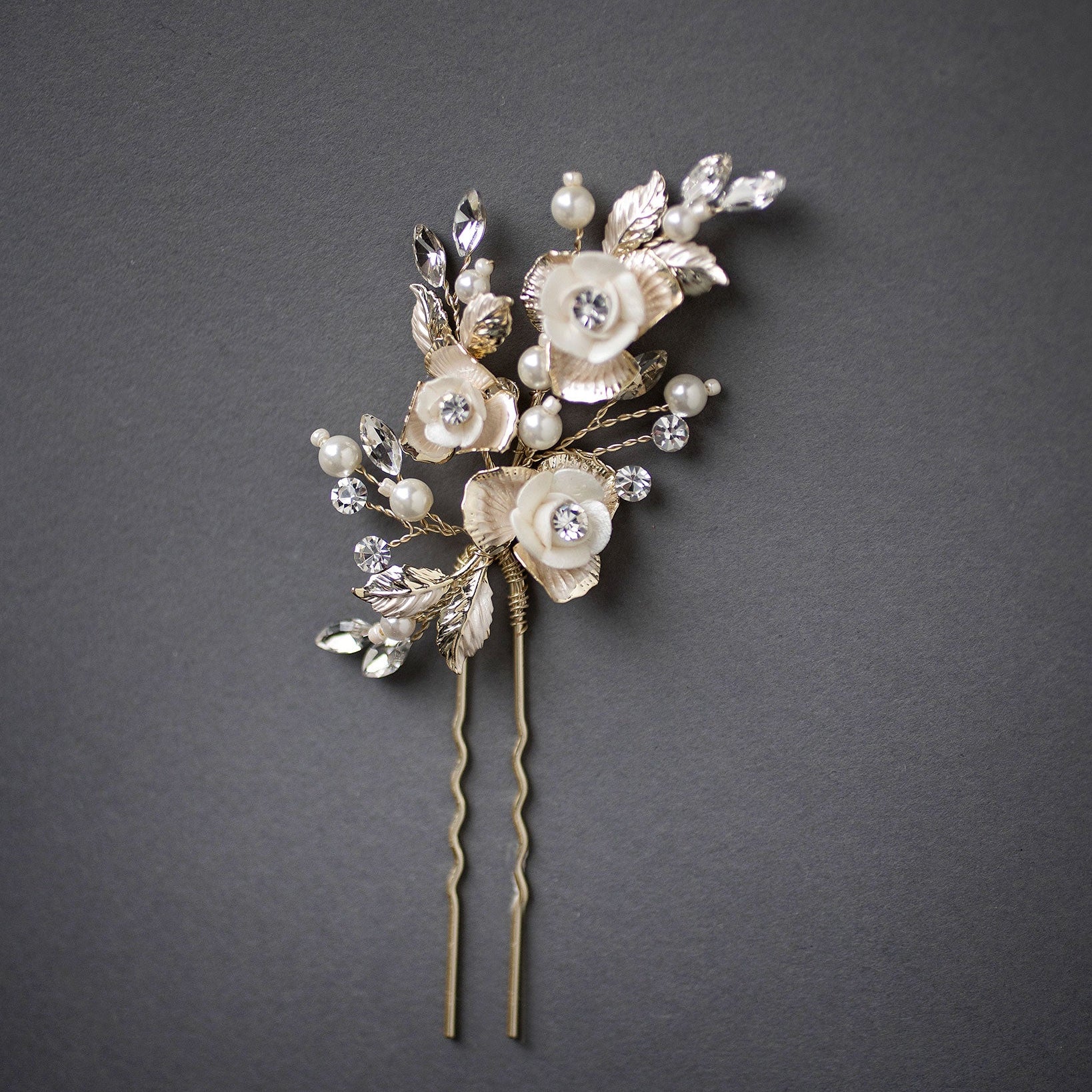 Three Porcelain Flowers Wedding Hair Pin - Hair Pins - Cassandra Lynne