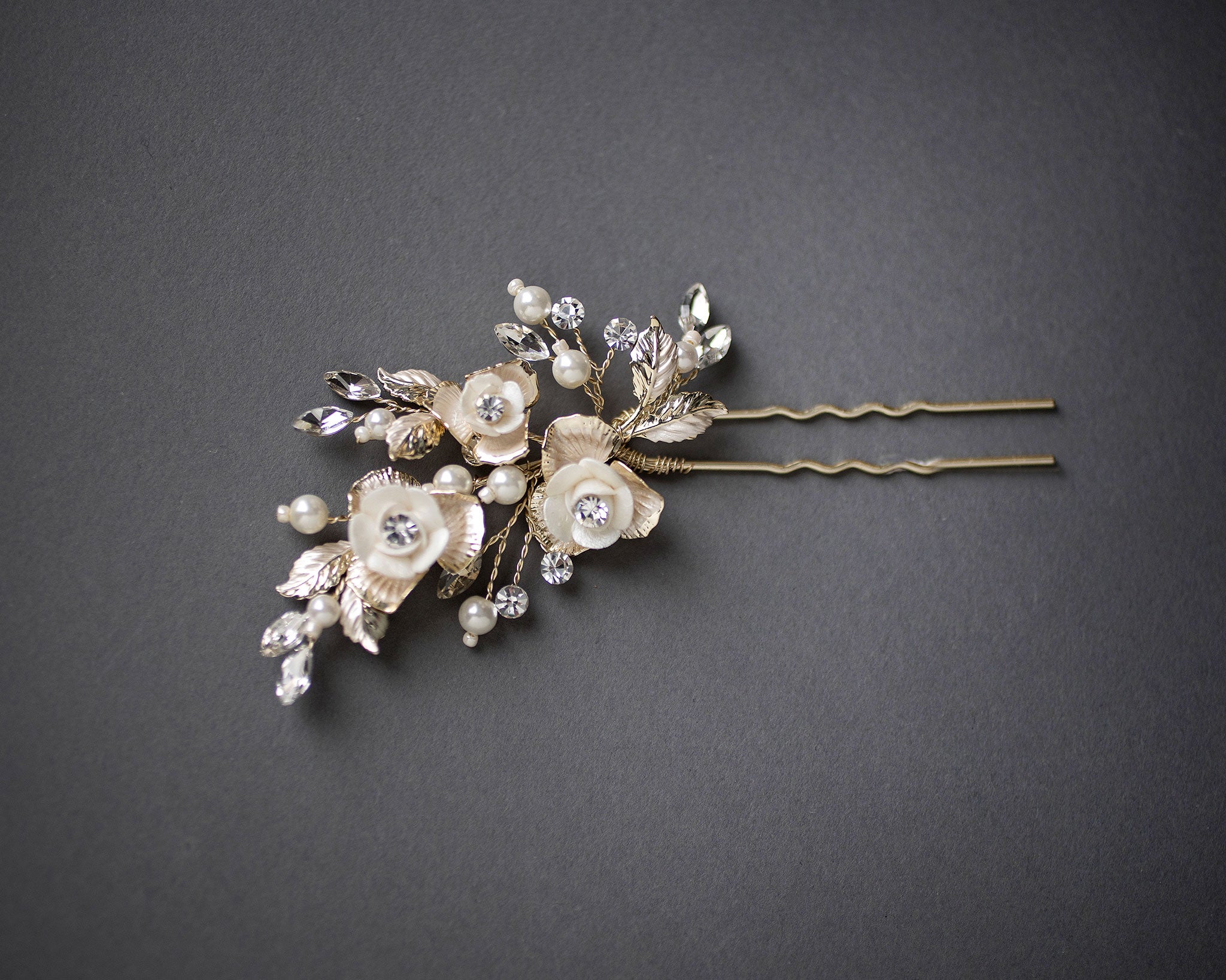 Three Porcelain Flowers Wedding Hair Pin - Hair Pins - Cassandra Lynne