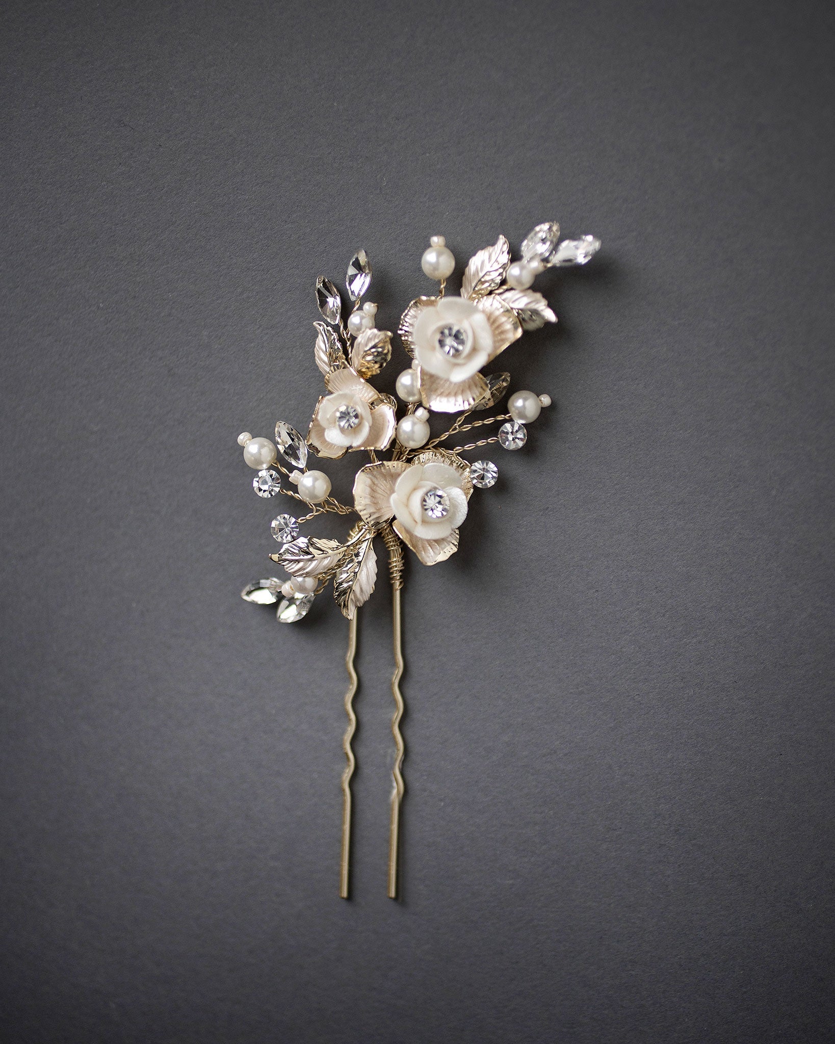 Three Porcelain Flowers Wedding Hair Pin - Hair Pins - Cassandra Lynne