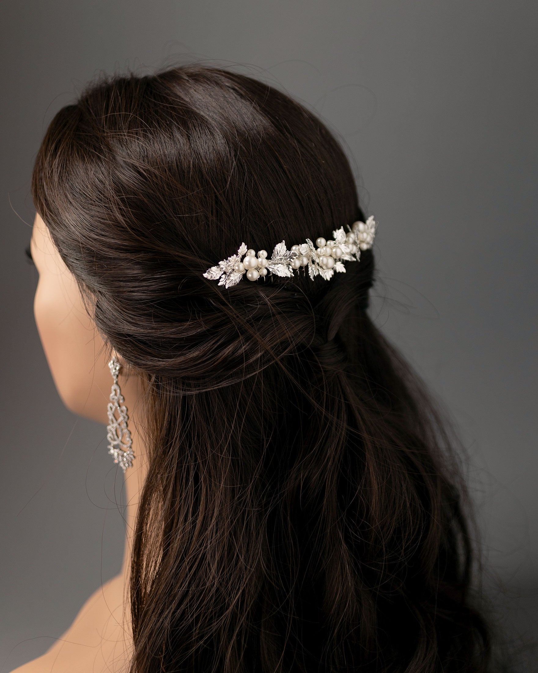 Tiara Comb of Ivory Pearls and Silver Leaves- Cassandra Lynne