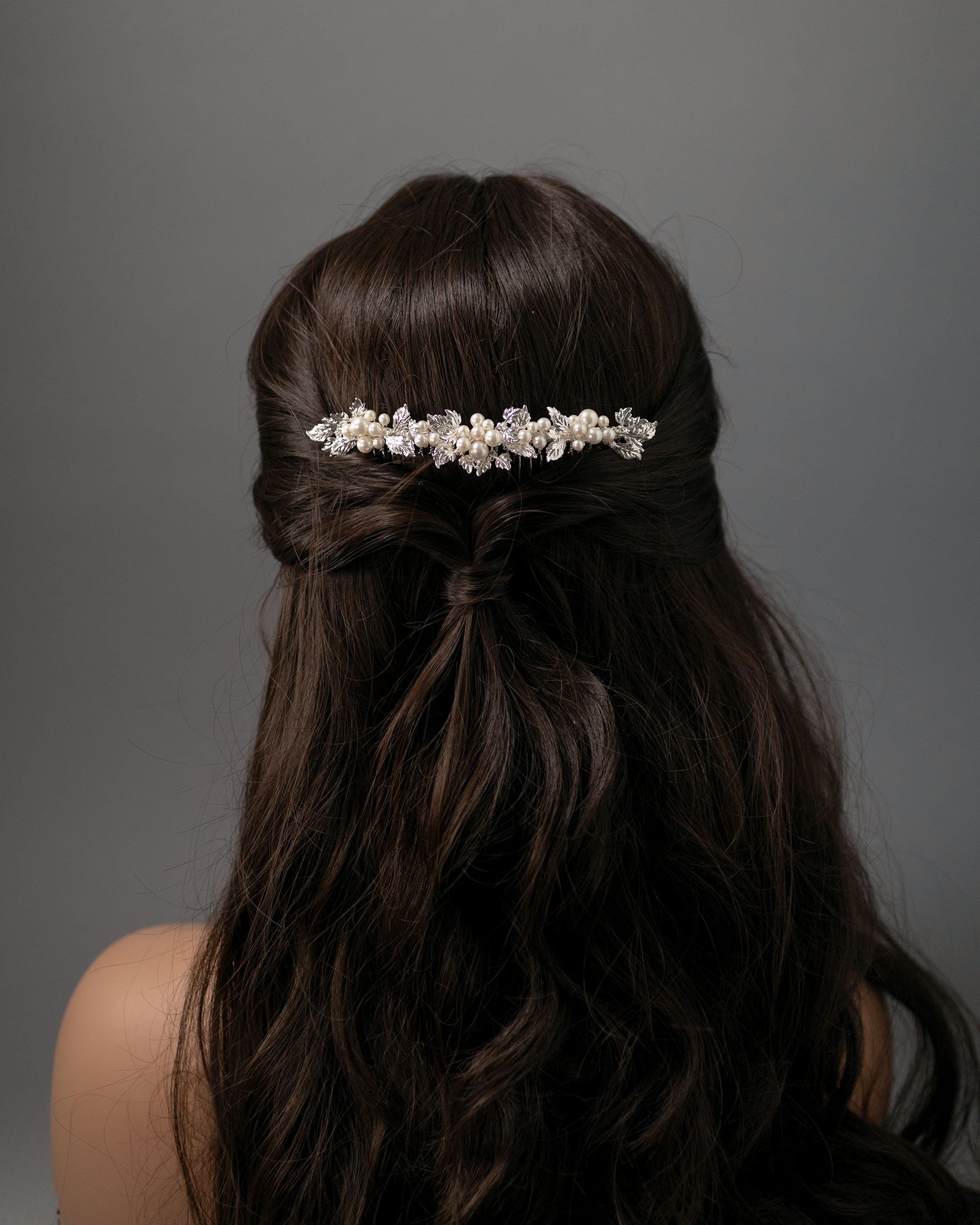 Tiara Comb of Ivory Pearls and Silver Leaves- Cassandra Lynne