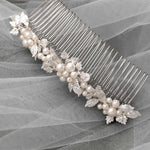 Tiara Comb of Ivory Pearls and Silver Leaves- Cassandra Lynne