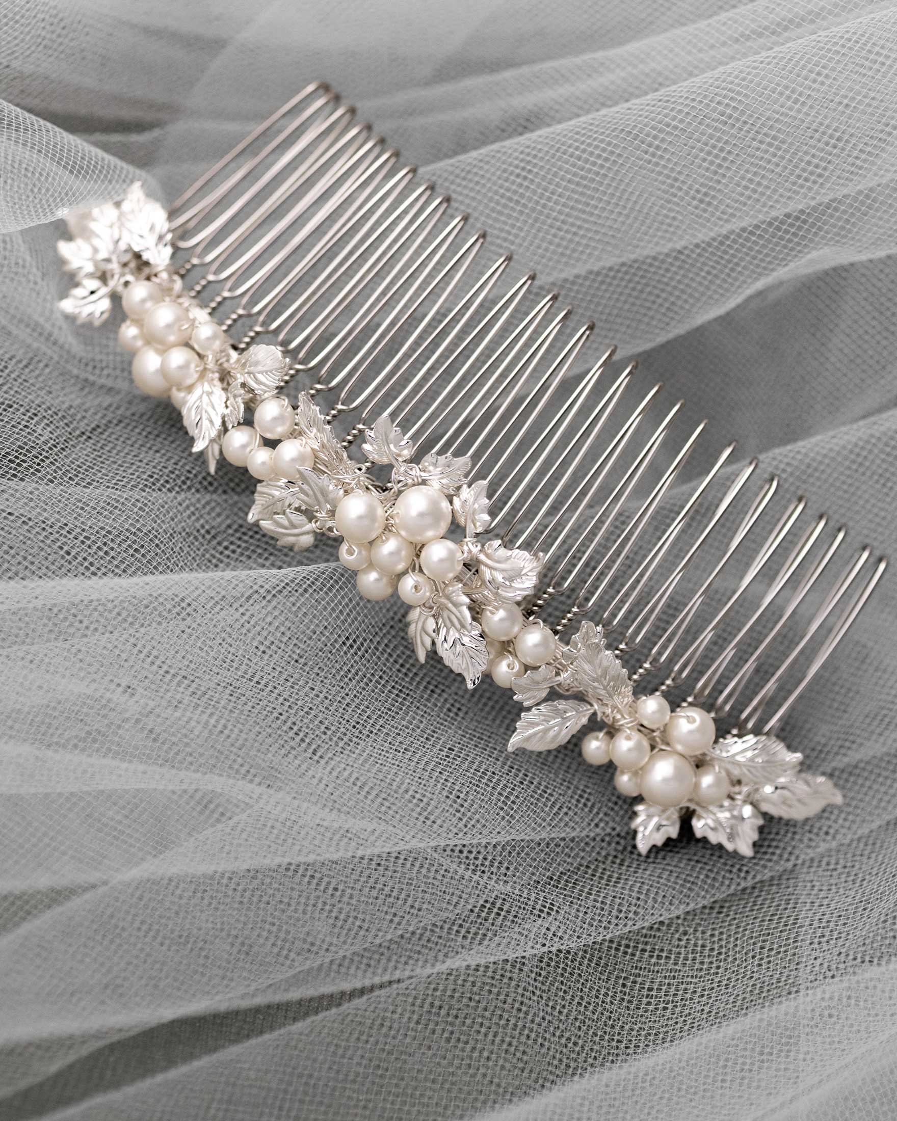 Tiara Comb of Ivory Pearls and Silver Leaves- Cassandra Lynne