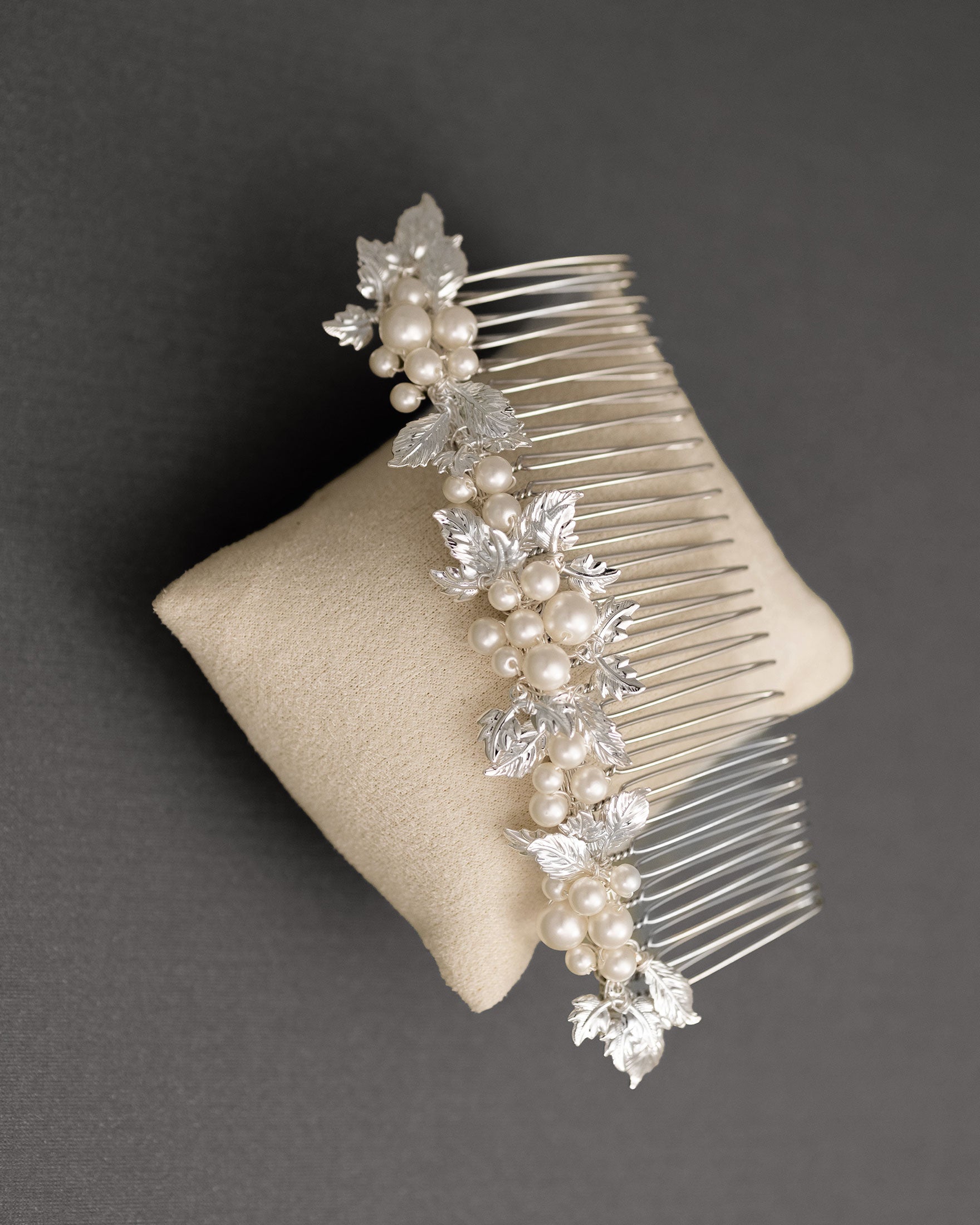 Tiara Comb of Ivory Pearls and Silver Leaves- Cassandra Lynne