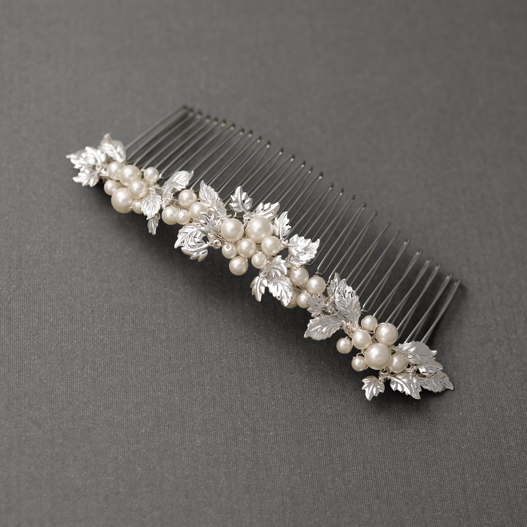 Tiara Comb of Ivory Pearls and Silver Leaves- Cassandra Lynne