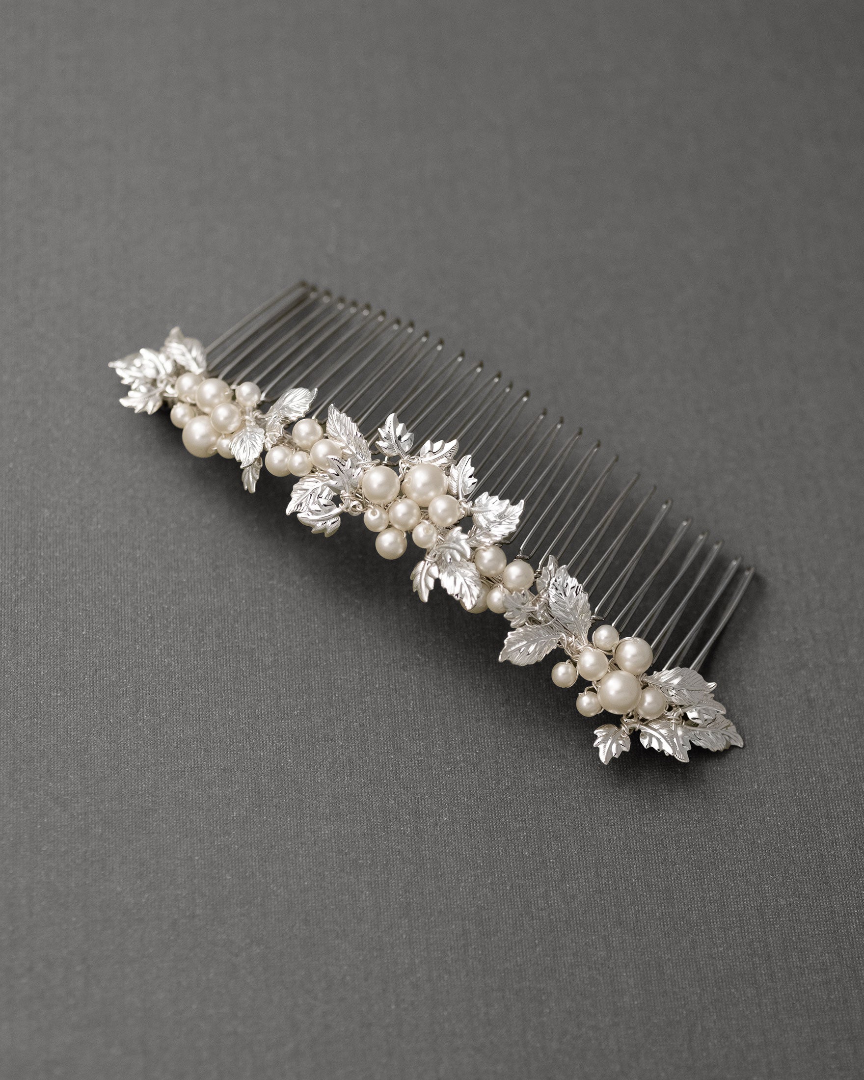 Tiara Comb of Ivory Pearls and Silver Leaves- Cassandra Lynne