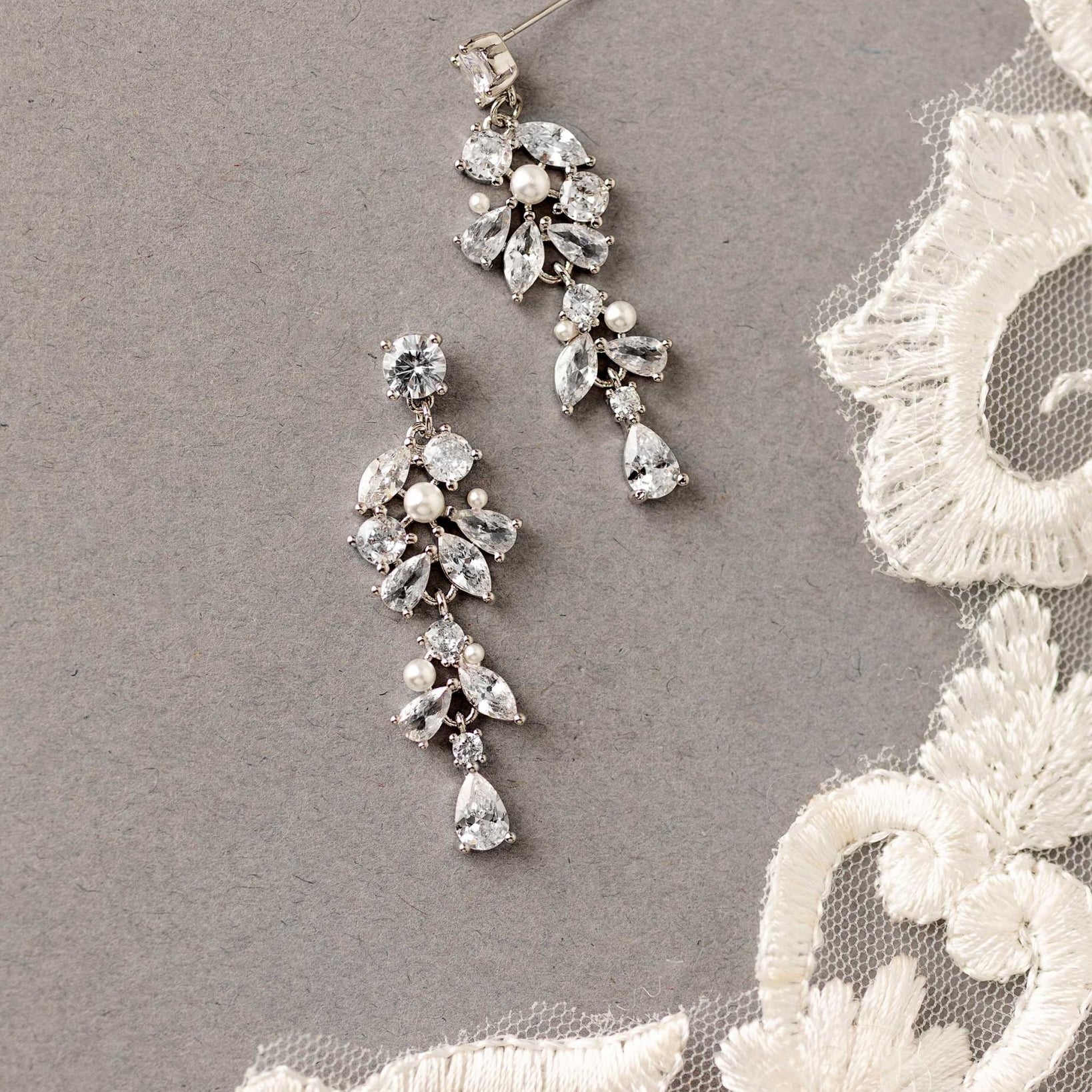 Tiny Pearls and CZ Drop Earrings for the Bride - Earrings - Cassandra Lynne