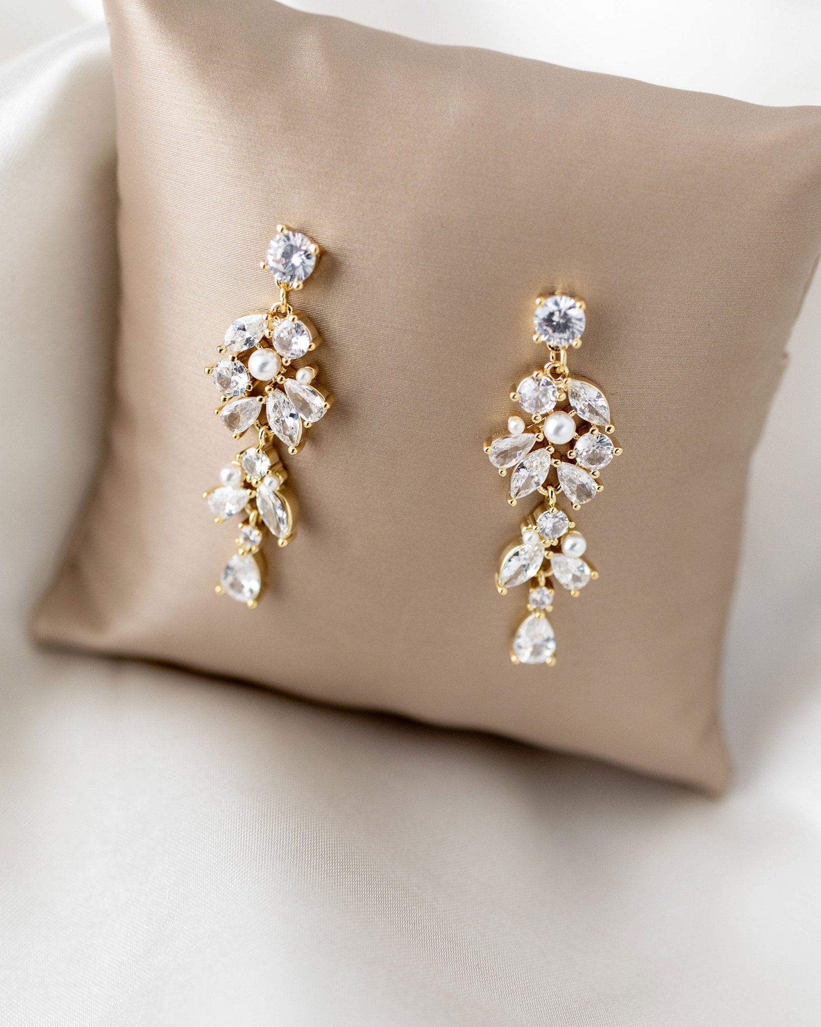 Tiny Pearls and CZ Drop Earrings for the Bride - Earrings - Cassandra Lynne