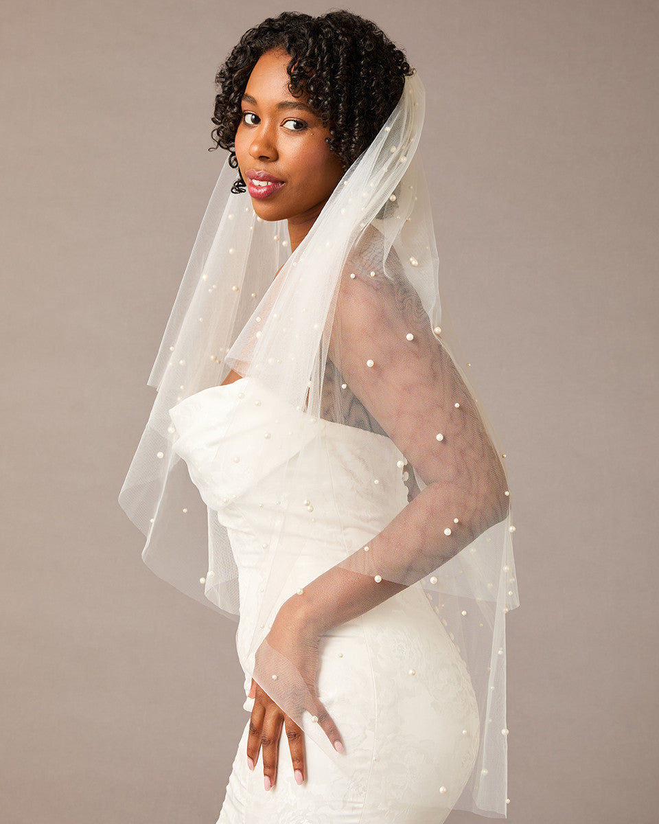 Two Layer Pearl Scattered Fingertip Bridal Veil Ivory - Cassandra Lynne