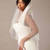 Two Layer Pearl Scattered Fingertip Bridal Veil Ivory - Cassandra Lynne