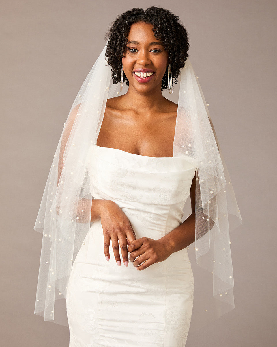 Two Layer Pearl Scattered Fingertip Bridal Veil Ivory - Cassandra Lynne