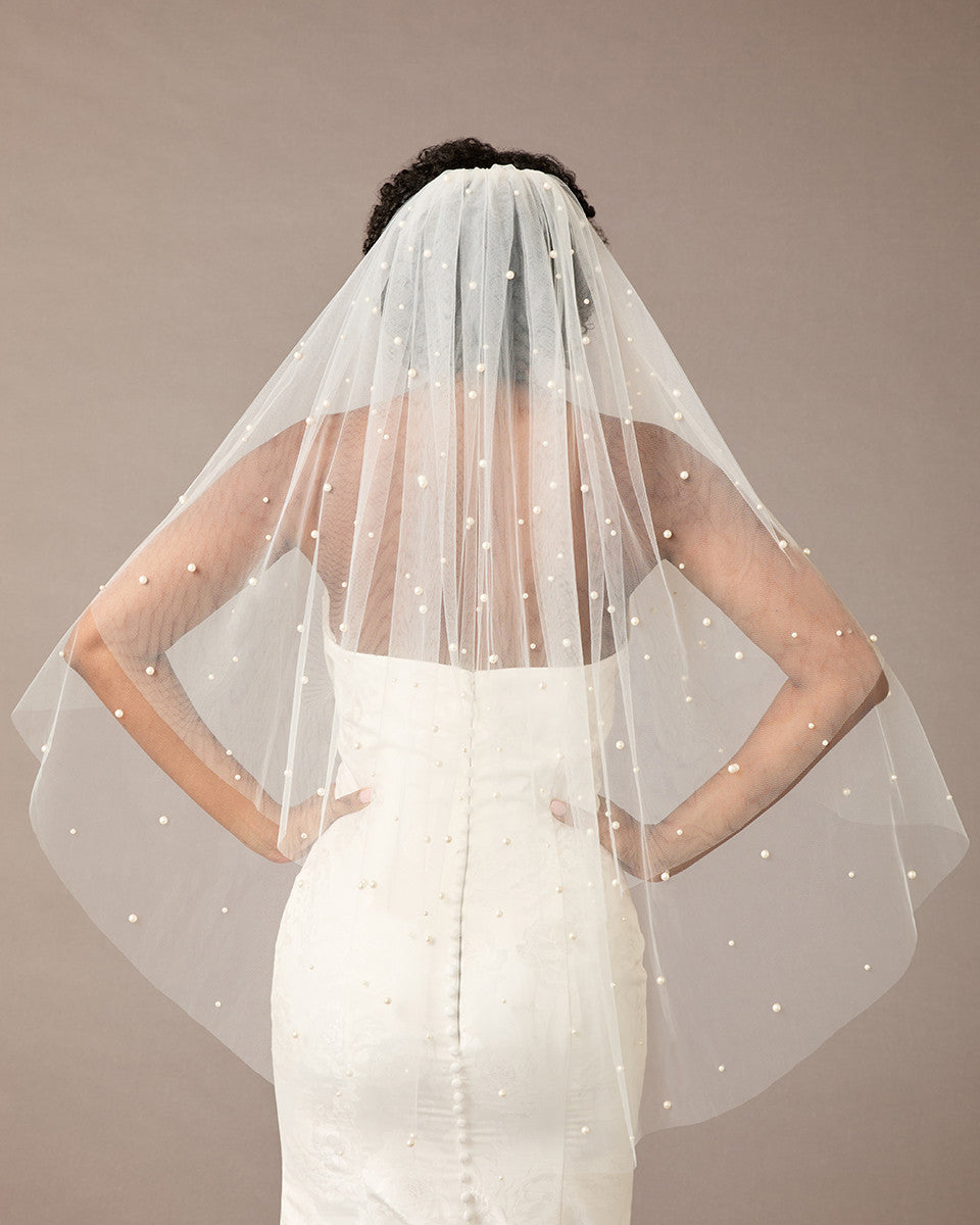 Two Layer Pearl Scattered Fingertip Bridal Veil Ivory - Cassandra Lynne