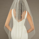 Reverse Pearl Scatter Bridal Veil Bride wearing a wedding dress with a sheer veil against a brown background