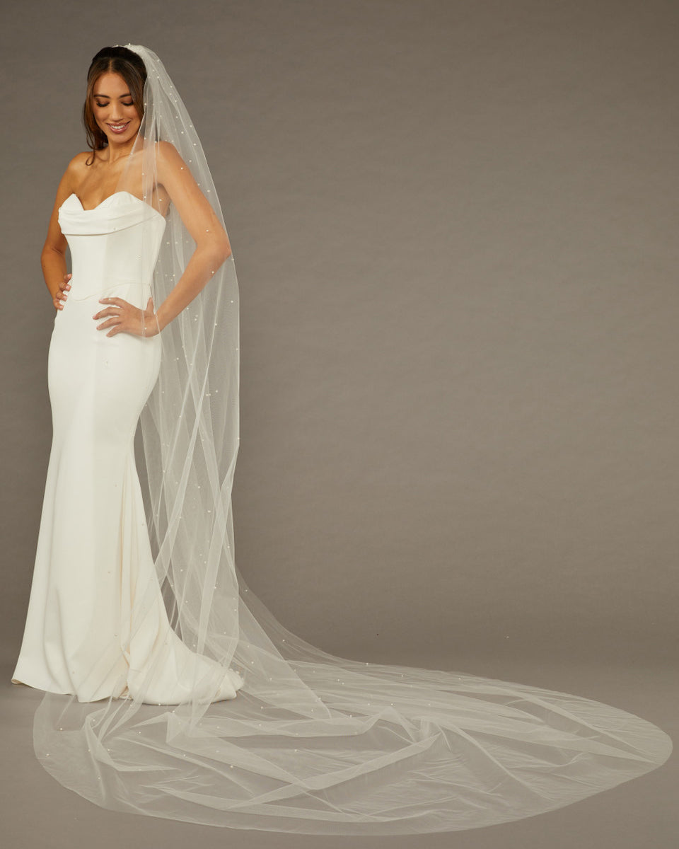 Reverse Pearl Scatter Bridal Veil Cathedral Length Woman wearing a wedding dress with a long veil against a brown background