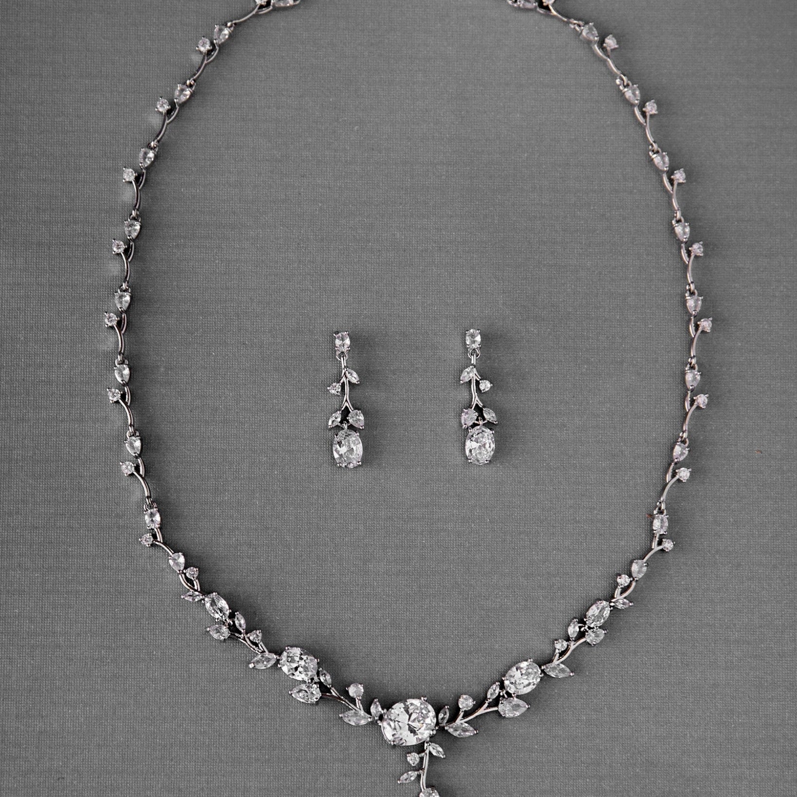 Vine Bridal Necklace Jewelry with Oval CZ - Necklace Set - Cassandra Lynne