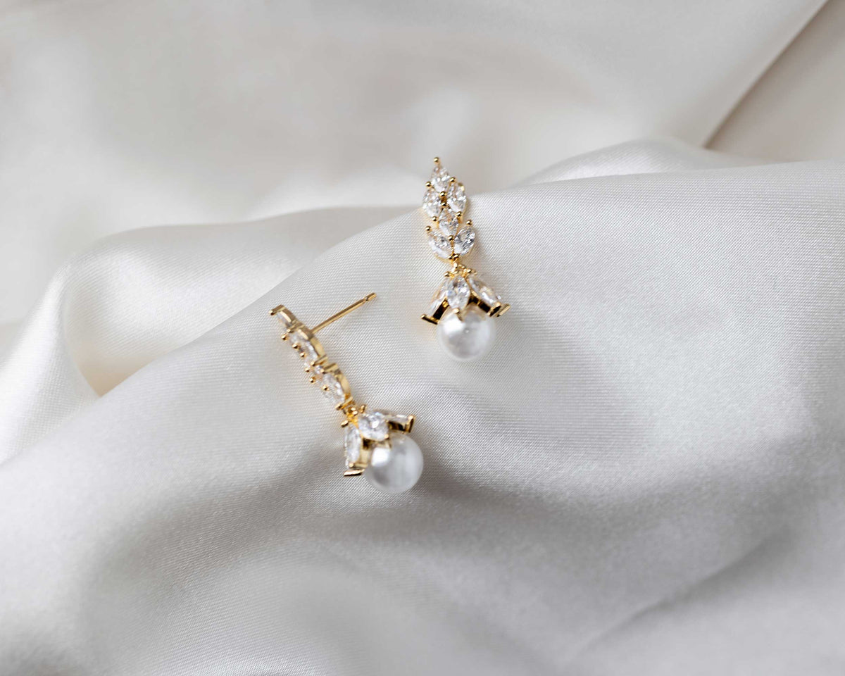 Vintage Style Pearl Drop CZ Bridal Earrings